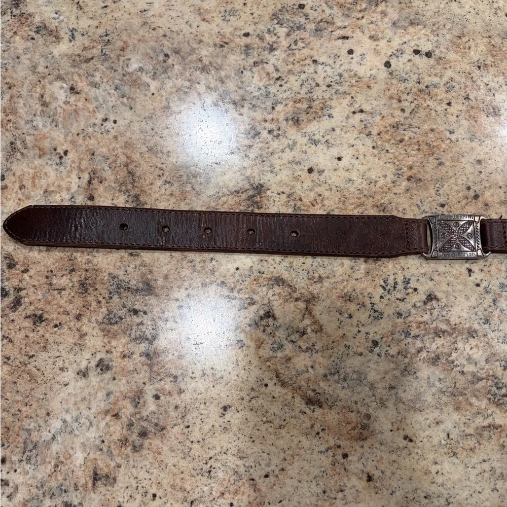 Vintage Fossil 1998 Brown and Silver Tone Leather Belt with Silver Buckle Size M